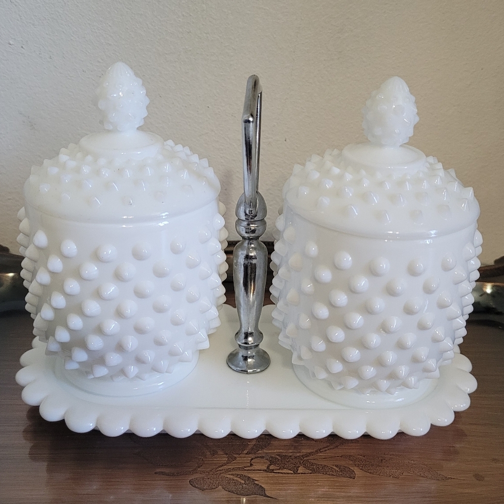 Vintage Fenton White Hobnail Milk Glass Condiment Set